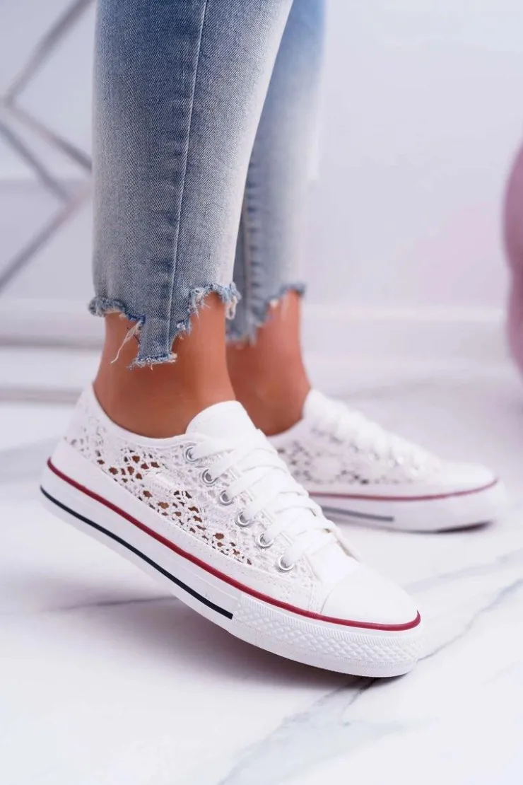 Damskie Boto Trampki Damskie Niskie Koronkowe Białe Veroli