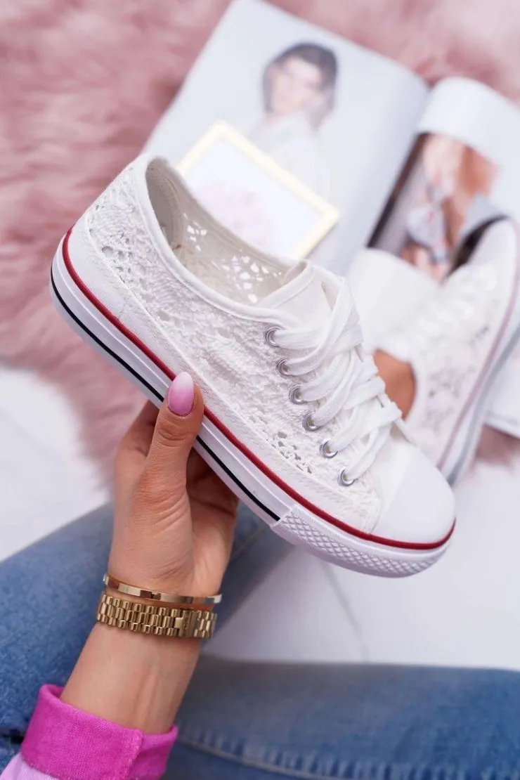 Damskie Boto Trampki Damskie Niskie Koronkowe Białe Veroli