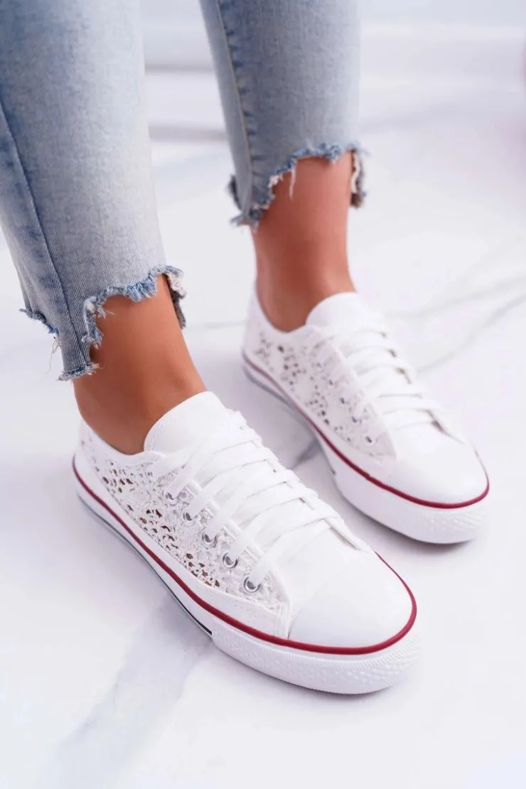 Damskie Boto Trampki Damskie Niskie Koronkowe Białe Veroli