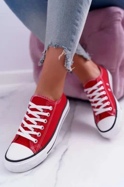 Damskie Boto Trampki Damskie Niskie Materiałowe Czerwone FreeTime