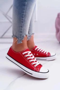 Damskie Boto Trampki Damskie Niskie Materiałowe Czerwone FreeTime