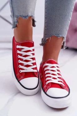 Damskie Boto Trampki Damskie Niskie Materiałowe Czerwone FreeTime