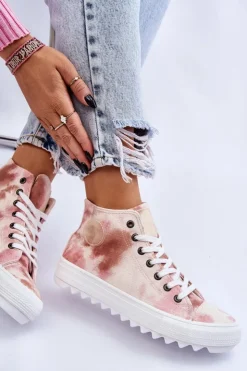 Outlet Big Star Shoes Trampki Damskie Wysokie Big Star LL274048 Beżowo-Różowe