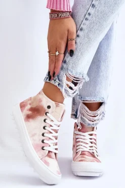 Outlet Big Star Shoes Trampki Damskie Wysokie Big Star LL274048 Beżowo-Różowe