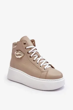 Sale Boto Trampki Damskie Wysokie Na Suwak Lemar Beżowe Katerin Beżowy