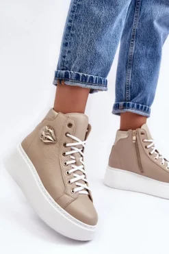 Sale Boto Trampki Damskie Wysokie Na Suwak Lemar Beżowe Katerin Beżowy