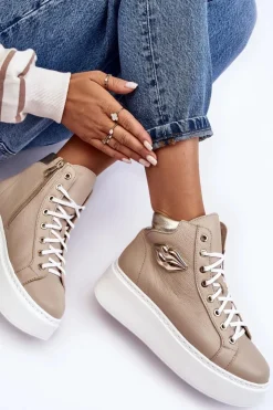 Sale Boto Trampki Damskie Wysokie Na Suwak Lemar Beżowe Katerin Beżowy