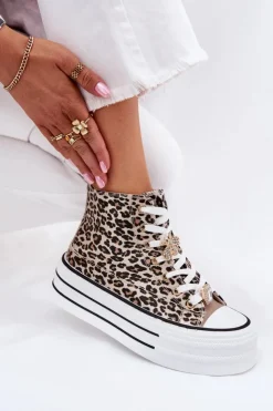 Damskie Boto Trampki Damskie Wysokie Na Masywnej Platformie Z Przypinkami Panterka Złote Olivana