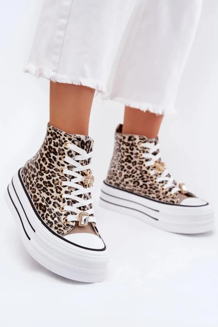 Damskie Boto Trampki Damskie Wysokie Na Masywnej Platformie Z Przypinkami Panterka Złote Olivana