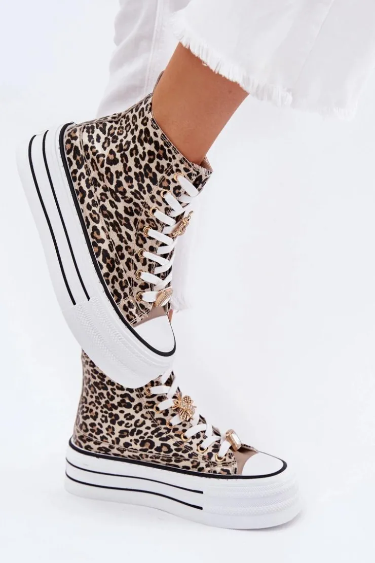 Damskie Boto Trampki Damskie Wysokie Na Masywnej Platformie Z Przypinkami Panterka Złote Olivana