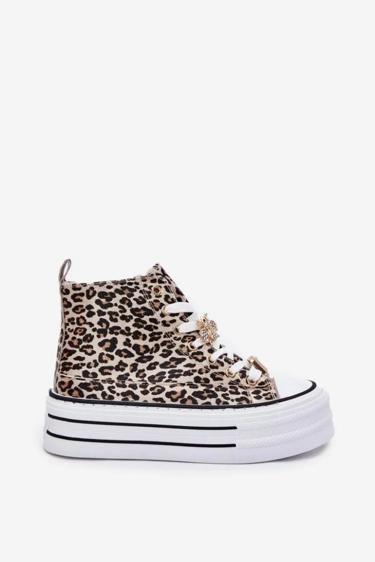 Damskie Boto Trampki Damskie Wysokie Na Masywnej Platformie Z Przypinkami Panterka Złote Olivana