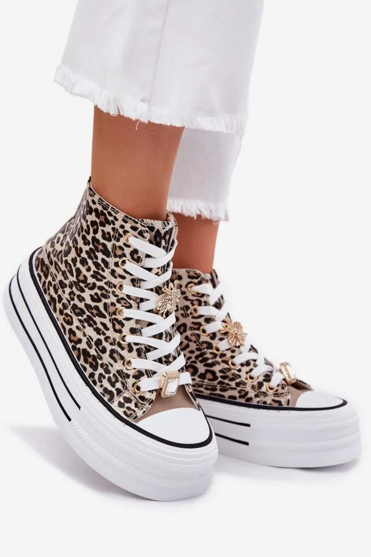 Damskie Boto Trampki Damskie Wysokie Na Masywnej Platformie Z Przypinkami Panterka Złote Olivana