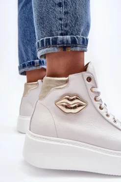 Damskie Boto Trampki Damskie Wysokie Na Suwak Lemar Białe Katerin