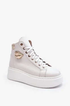 Damskie Boto Trampki Damskie Wysokie Na Suwak Lemar Białe Katerin