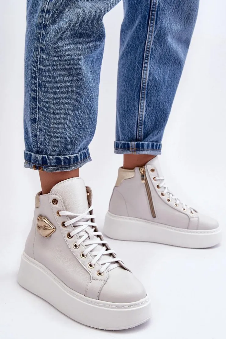 Damskie Boto Trampki Damskie Wysokie Na Suwak Lemar Białe Katerin