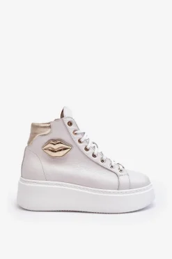 Damskie Boto Trampki Damskie Wysokie Na Suwak Lemar Białe Katerin