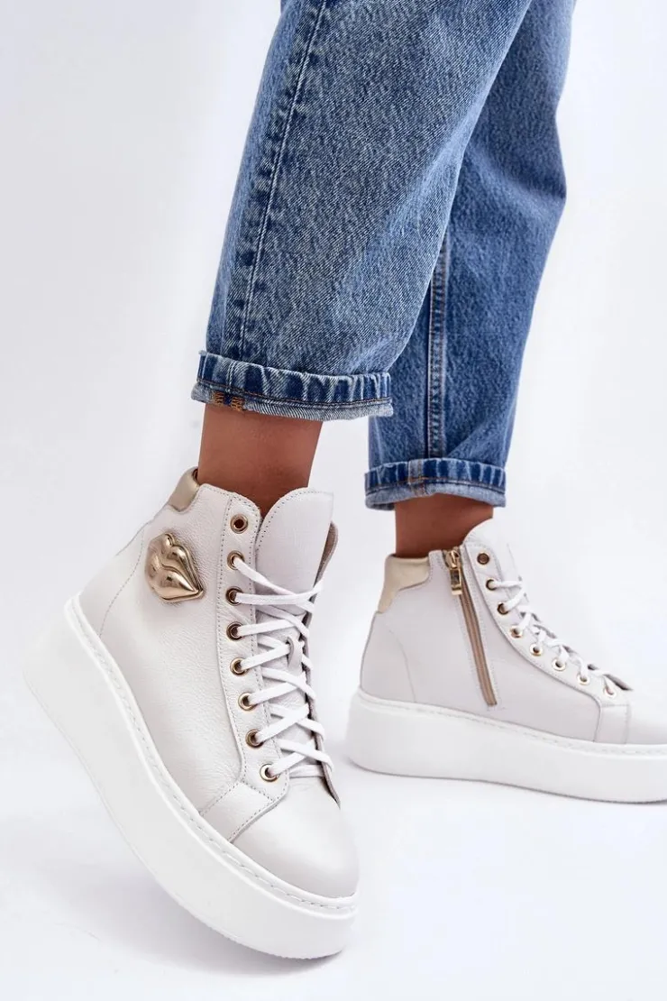 Damskie Boto Trampki Damskie Wysokie Na Suwak Lemar Białe Katerin