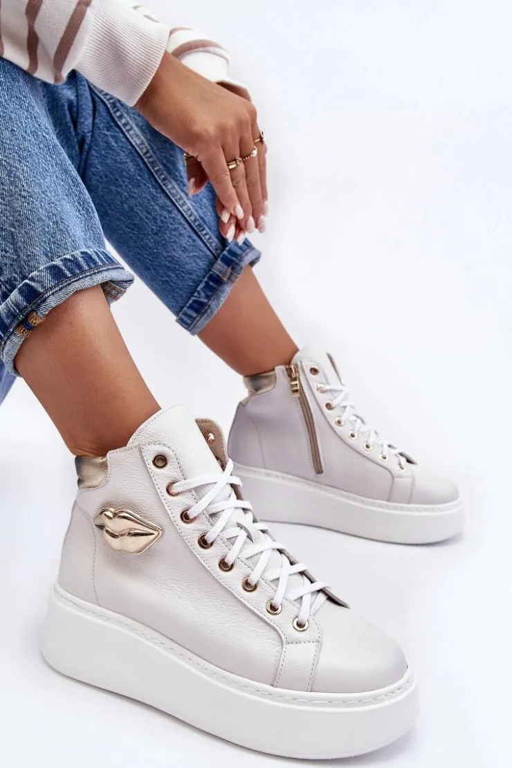 Damskie Boto Trampki Damskie Wysokie Na Suwak Lemar Białe Katerin