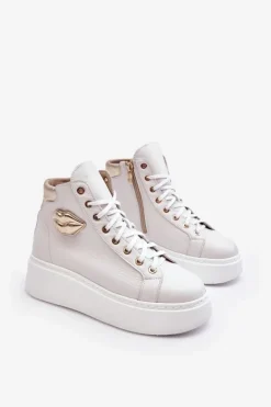 Damskie Boto Trampki Damskie Wysokie Na Suwak Lemar Białe Katerin