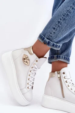 Damskie Boto Trampki Damskie Wysokie Na Suwak Lemar Białe Katerin