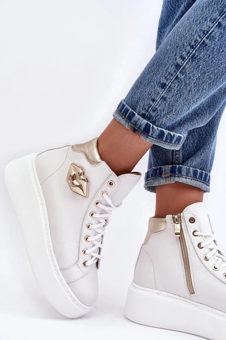 Damskie Boto Trampki Damskie Wysokie Na Suwak Lemar Białe Katerin