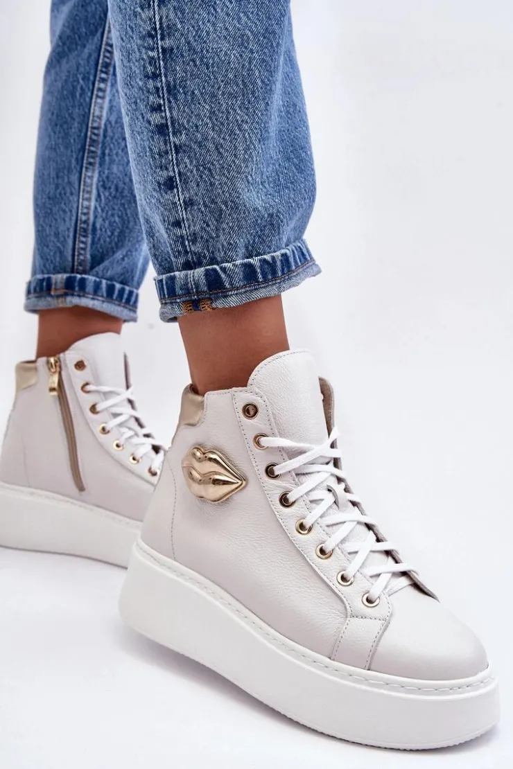 Damskie Boto Trampki Damskie Wysokie Na Suwak Lemar Białe Katerin