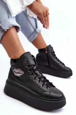 Boto Trampki Damskie Wysokie*Trampki Damskie Wysokie Na Suwak Lemar Czarne Katerin Czarny