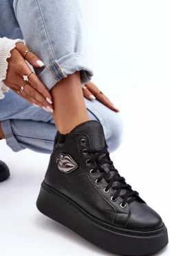 Boto Trampki Damskie Wysokie*Trampki Damskie Wysokie Na Suwak Lemar Czarne Katerin Czarny