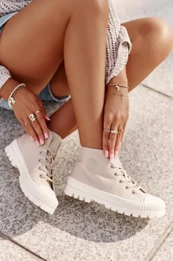 Damskie Big Star Shoes Trampki Damskie Z Cholewką Za Kostkę Big Star OO274006 Beżowe