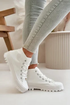 Big Star Shoes Trampki Damskie Big Star|Trampki Damskie Wysokie*Trampki Damskie Z Cholewką Za Kostkę Big Star OO274009 Białe Biały