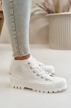 Big Star Shoes Trampki Damskie Big Star|Trampki Damskie Wysokie*Trampki Damskie Z Cholewką Za Kostkę Big Star OO274009 Białe Biały