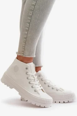 Big Star Shoes Trampki Damskie Big Star|Trampki Damskie Wysokie*Trampki Damskie Z Cholewką Za Kostkę Big Star OO274009 Białe Biały