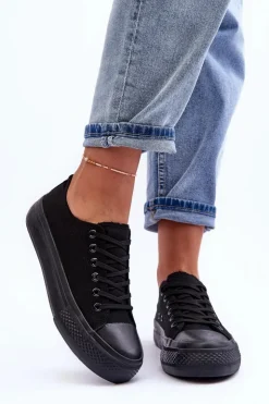 Boto Trampki Damskie Niskie*Trampki Klasyczne Niskie Na Platformie Czarne Jazlyn - Czarna podeszwa