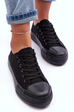 Boto Trampki Damskie Niskie*Trampki Klasyczne Niskie Na Platformie Czarne Jazlyn - Czarna podeszwa