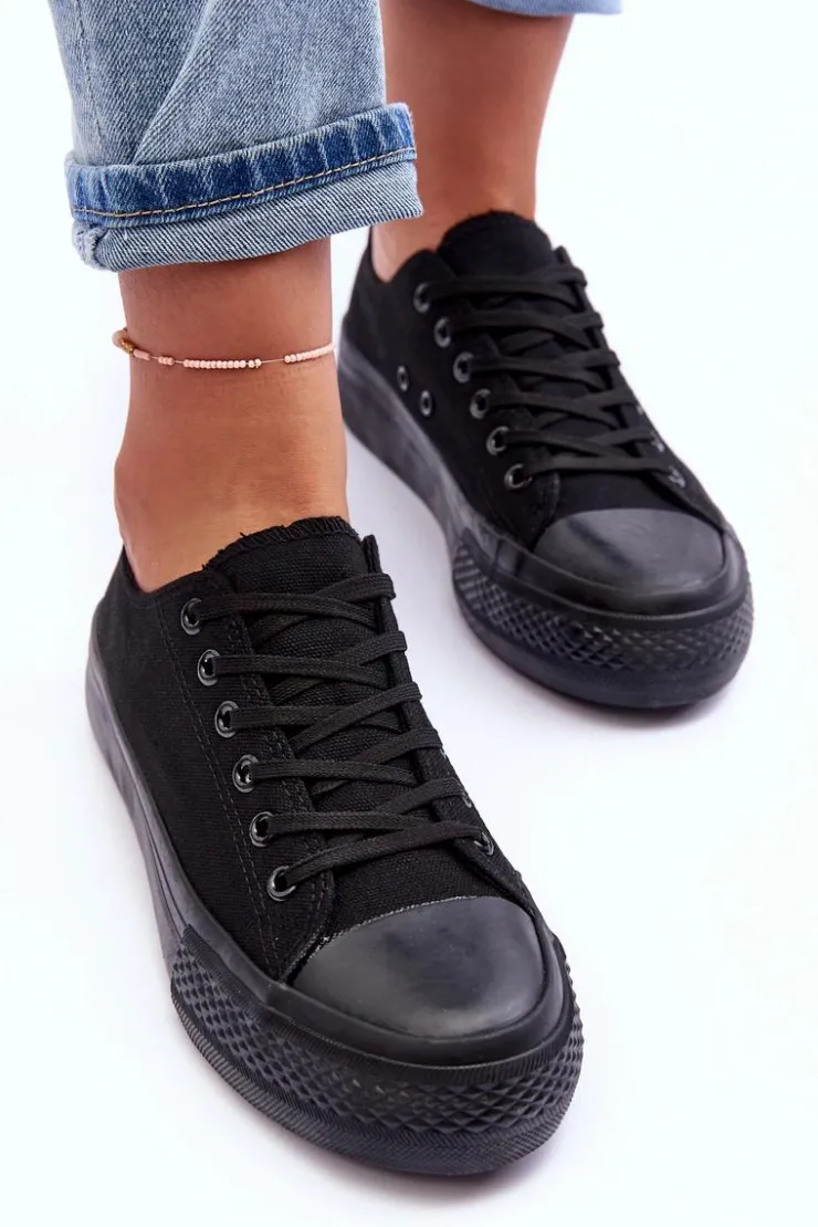 Boto Trampki Damskie Niskie*Trampki Klasyczne Niskie Na Platformie Czarne Jazlyn - Czarna podeszwa