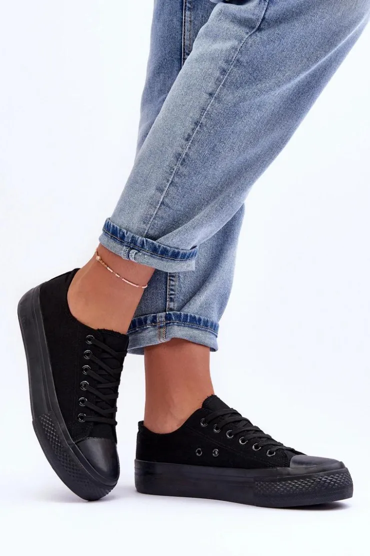 Boto Trampki Damskie Niskie*Trampki Klasyczne Niskie Na Platformie Czarne Jazlyn - Czarna podeszwa