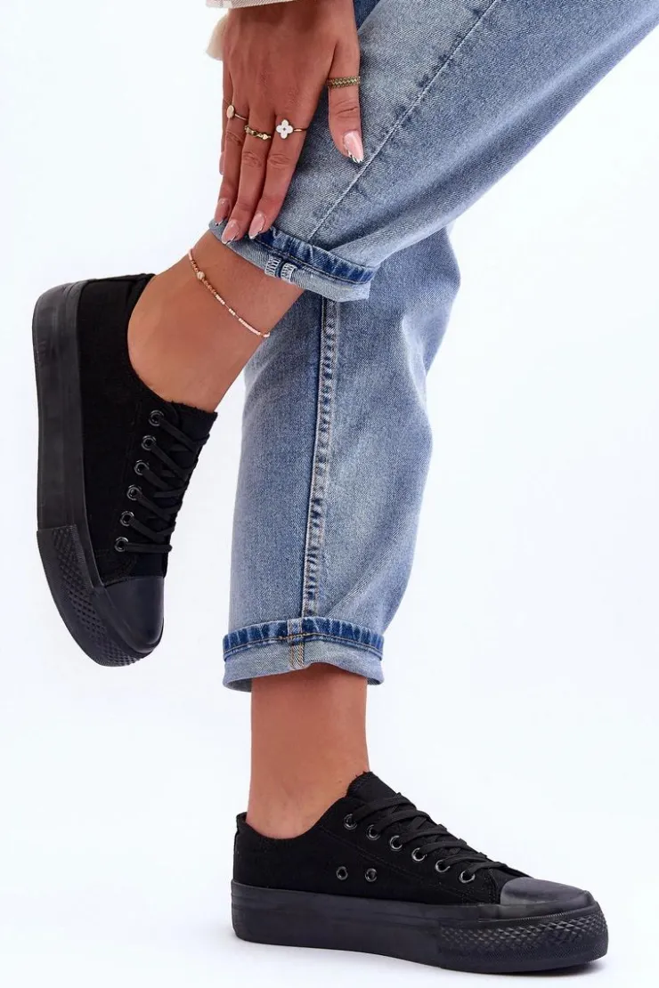 Boto Trampki Damskie Niskie*Trampki Klasyczne Niskie Na Platformie Czarne Jazlyn - Czarna podeszwa