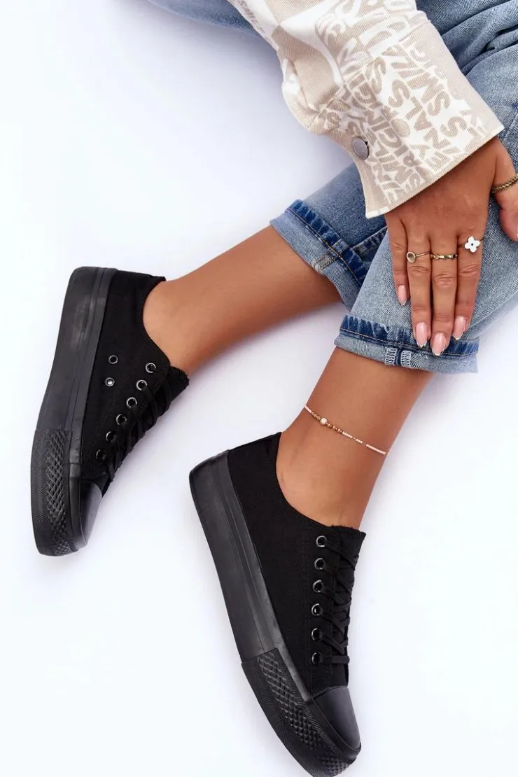 Boto Trampki Damskie Niskie*Trampki Klasyczne Niskie Na Platformie Czarne Jazlyn - Czarna podeszwa