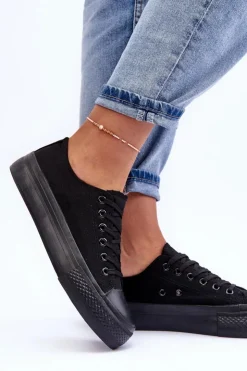 Boto Trampki Damskie Niskie*Trampki Klasyczne Niskie Na Platformie Czarne Jazlyn - Czarna podeszwa