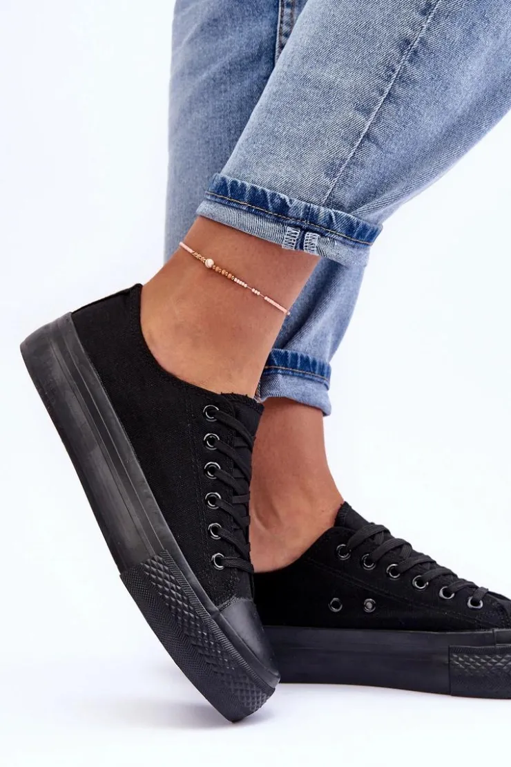 Boto Trampki Damskie Niskie*Trampki Klasyczne Niskie Na Platformie Czarne Jazlyn - Czarna podeszwa