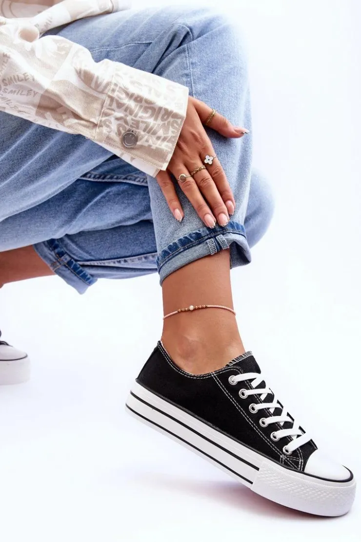 Damskie Boto Trampki Klasyczne Niskie Na Platformie Czarne Jazlyn