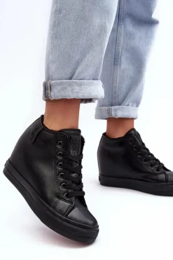 Best Big Star Shoes Trampki Skórzane Damskie Na Koturnie Big Star MM274001 Czarne Czarny