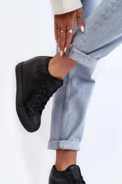 Best Big Star Shoes Trampki Skórzane Damskie Na Koturnie Big Star MM274001 Czarne Czarny