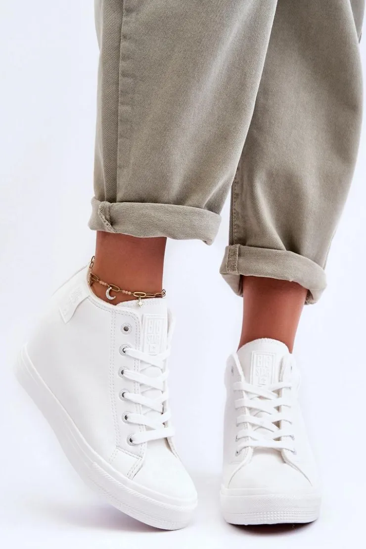 Big Star Shoes Trampki Damskie Big Star|Trampki Damskie Wysokie*Trampki Skórzane Damskie Na Koturnie Big Star MM274002 Białe