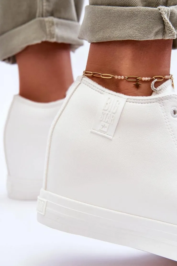 Big Star Shoes Trampki Damskie Big Star|Trampki Damskie Wysokie*Trampki Skórzane Damskie Na Koturnie Big Star MM274002 Białe