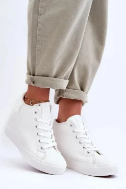 Big Star Shoes Trampki Damskie Big Star|Trampki Damskie Wysokie*Trampki Skórzane Damskie Na Koturnie Big Star MM274002 Białe