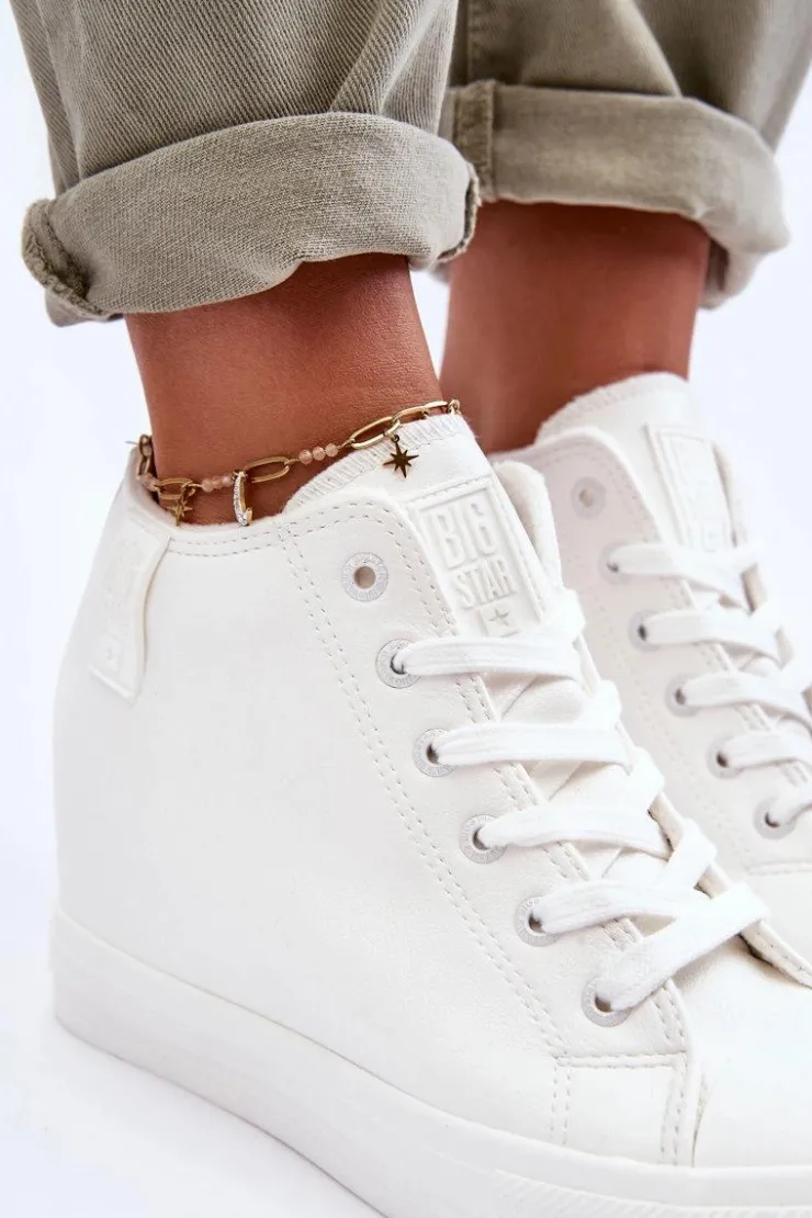 Big Star Shoes Trampki Damskie Big Star|Trampki Damskie Wysokie*Trampki Skórzane Damskie Na Koturnie Big Star MM274002 Białe