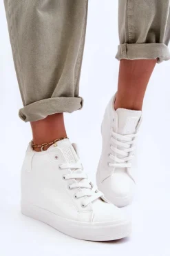 Big Star Shoes Trampki Damskie Big Star|Trampki Damskie Wysokie*Trampki Skórzane Damskie Na Koturnie Big Star MM274002 Białe