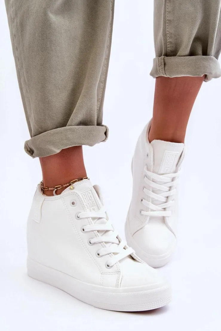 Big Star Shoes Trampki Damskie Big Star|Trampki Damskie Wysokie*Trampki Skórzane Damskie Na Koturnie Big Star MM274002 Białe