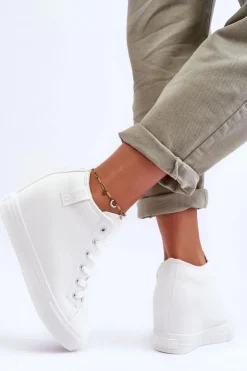 Big Star Shoes Trampki Damskie Big Star|Trampki Damskie Wysokie*Trampki Skórzane Damskie Na Koturnie Big Star MM274002 Białe